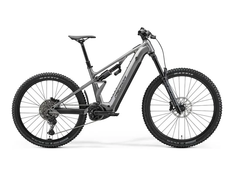 Merida eOne-Eighty 500 enduro eMTB in gunmetal grey, side profile on white background