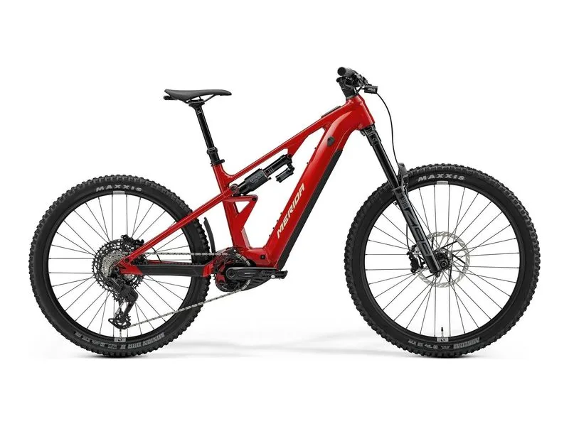 Merida eOne-Eighty 700 enduro eMTB in Heritage Red, side profile on white background