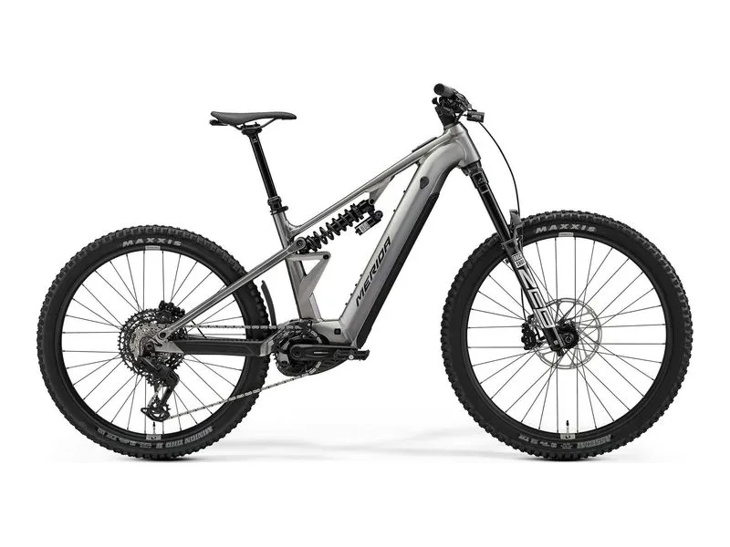 Merida eOne-Eighty FR 800 freeride eMTB in gunmetal grey, side profile on white background