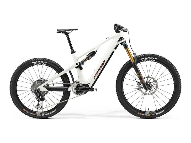 Merida eOne-Sixty 10K carbon enduro eMTB in Snow White, side profile on white background