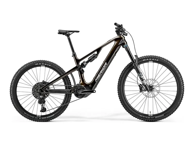 Merida eOne-Sixty 7000 carbon enduro eMTB in Guarded Gold, side profile on white background
