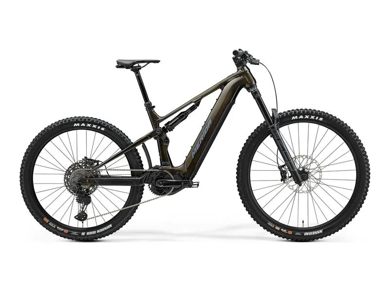 Merida eOne-Sixty 875 enduro eMTB in Guarded Gold, side profile on white background