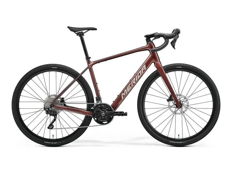 Merida eSilex 400 electric gravel bike in Wild Berry, side profile on white background