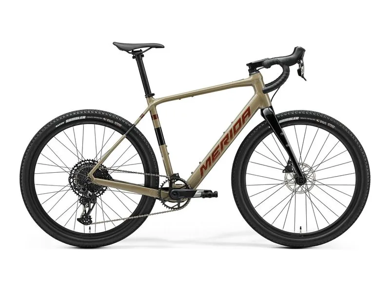 Merida eSilex+ 600 electric gravel bike in Oak Bork, side profile on white background