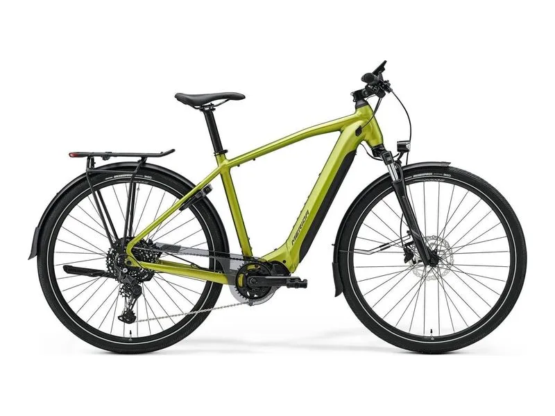 Merida eSpresso 500 EQ electric hybrid in matte green, side profile on white background