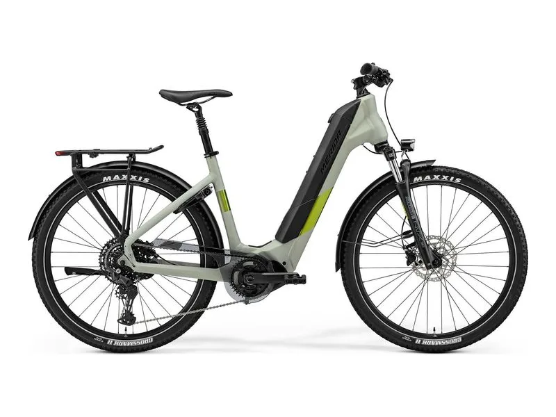 Merida eSpresso CC 500 EQ electric hybrid in Early Moss Grey, side profile on white background