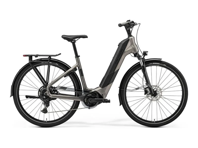 Merida eSpresso City 400 EQ electric city bike in Warm Slate Grey, side profile on white background
