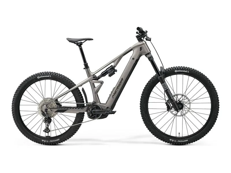 Merida Lithos 5000 carbon enduro eMTB in Warm Slate Grey, side profile on white background