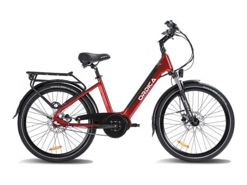 Ordica Neo Mid Step Thru 26 inch e-bike in red, side profile studio photo on white