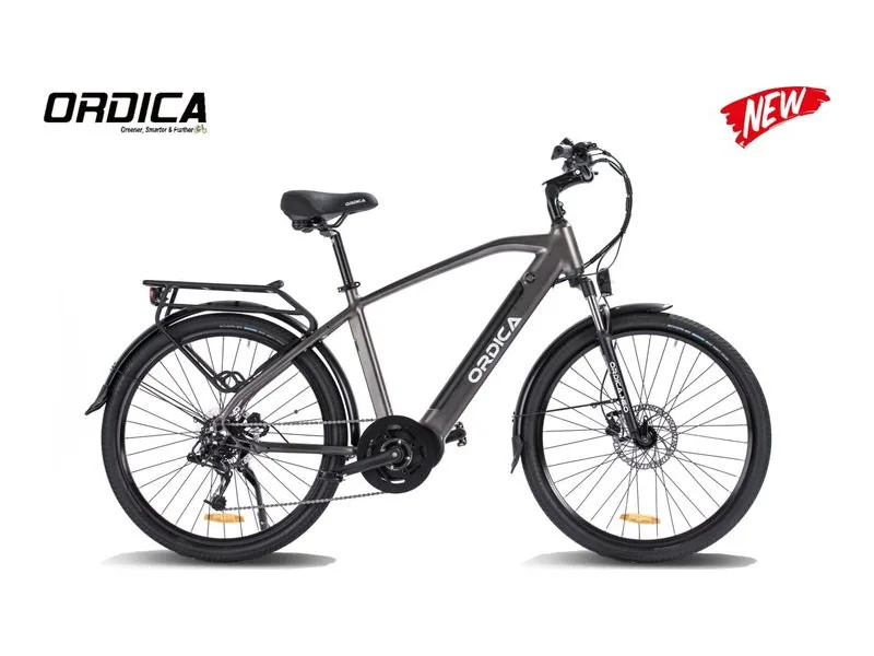 Ordica Neo Mid Trekking e-bike in charcoal, side profile studio photo on white