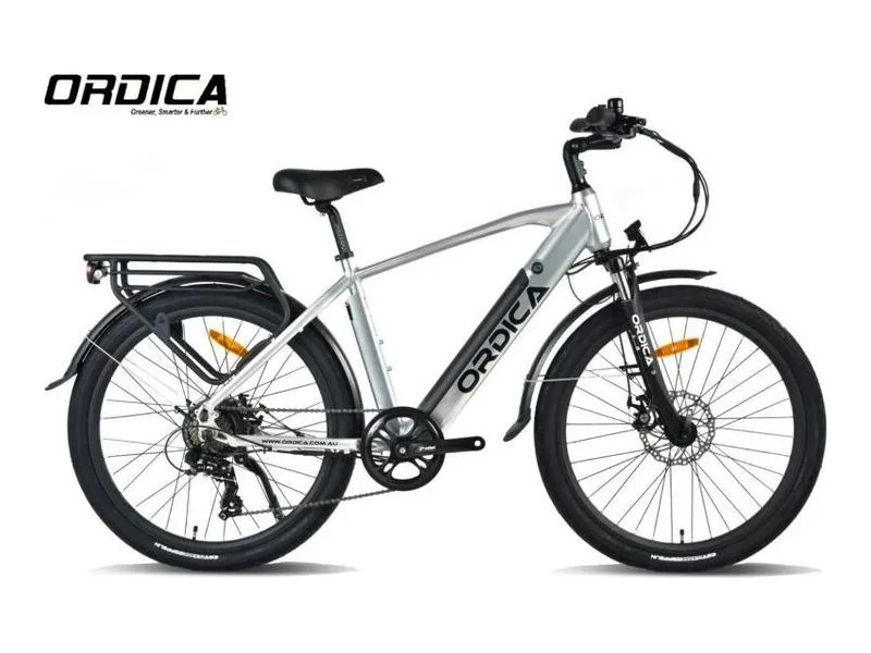 Ordica Swift Urban Hybrid e-bike in silver, side profile studio photo on white