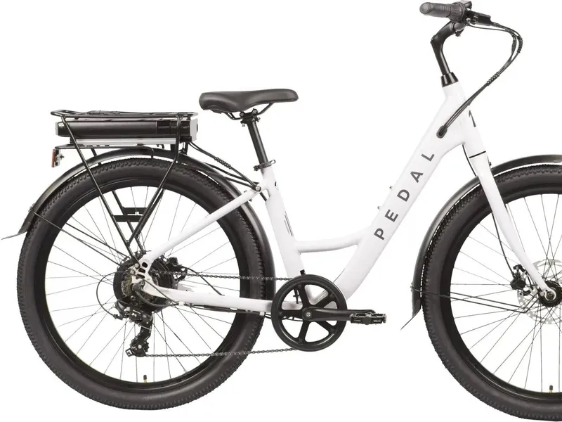 Pedal Comet 3 Disc step-through e-bike in pearl white, side profile on white background