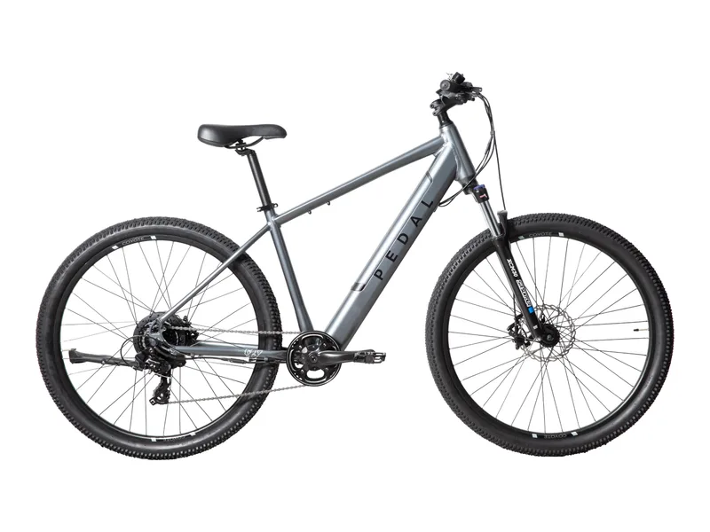 Pedal Coyote 2 hardtail electric mountain bike in gloss charcoal, side profile on white background
