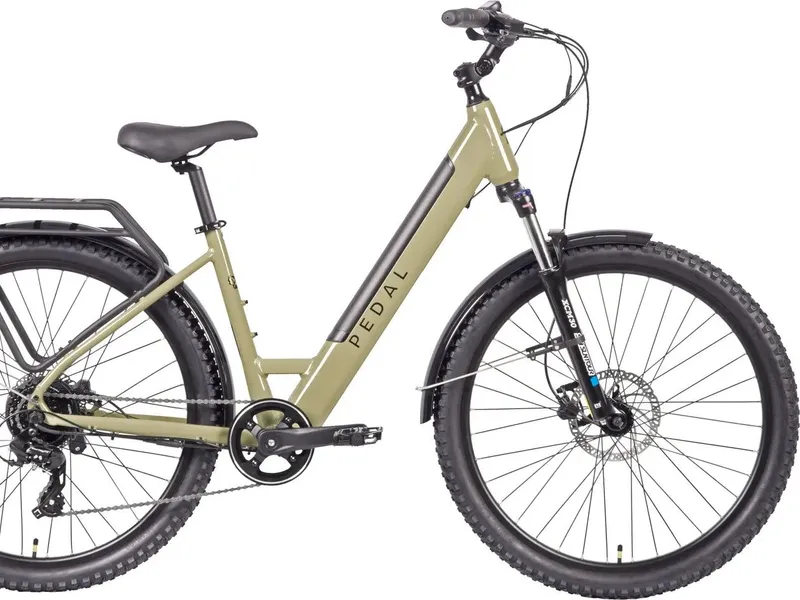 Pedal Coyote 3 ST step-through electric mountain bike in sand, side profile on white background