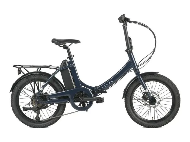 Pedal Derby folding e-bike in dark navy, side profile on white background