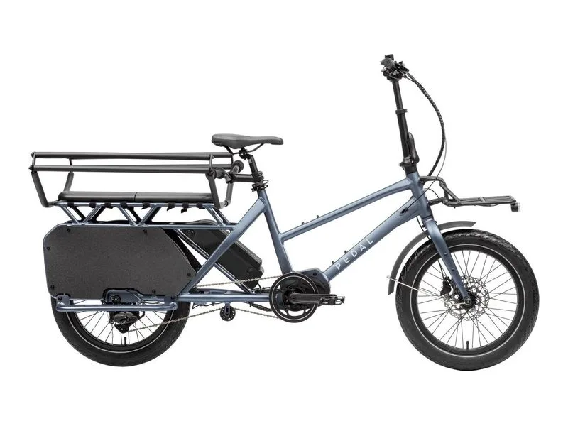 Pedal Nomad Cargo compact electric cargo bike in blue metal grey, side profile on white background