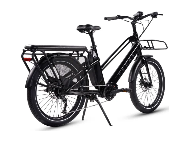 Pedal Packer long-tail electric cargo bike in black, side profile on white background