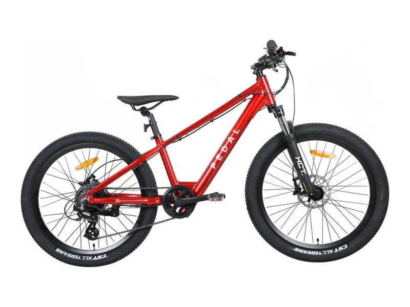 Pedal Warrior 2 24 inch youth electric mountain bike, side profile on white background
