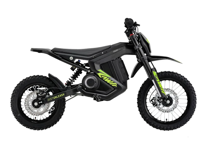 Rawrr Mantis Mini kids electric dirt bike, side profile on white background