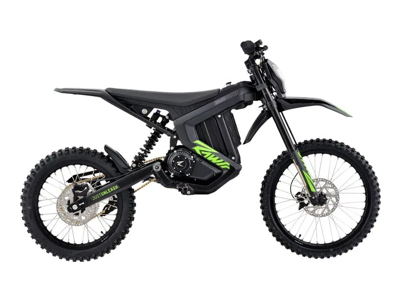 Rawrr Mantis X electric dirt bike, side profile on white background