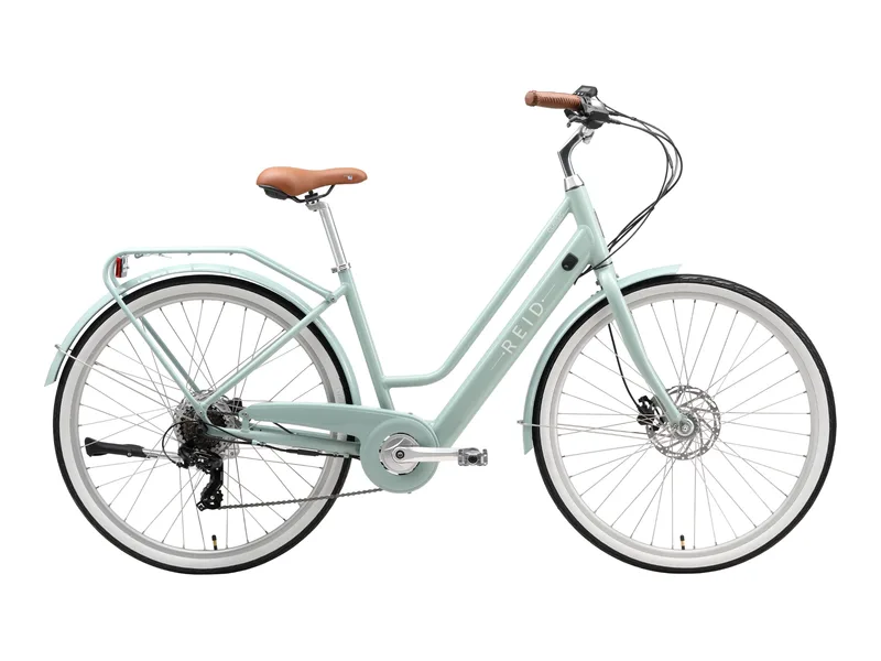 Reid Classic Vintage step-through e-bike in Sage, side profile on white background