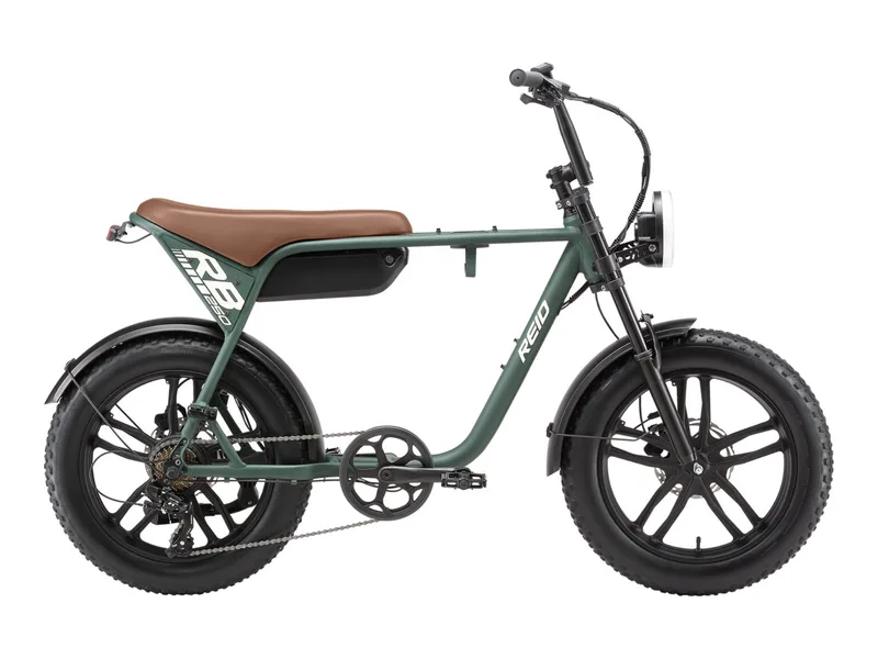 Reid RB250 Urban Moto fat tyre e-bike in green, side profile on white background