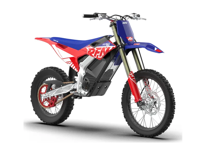 RFN Warrior Pro SX-E15 electric dirt bike, side profile on white background