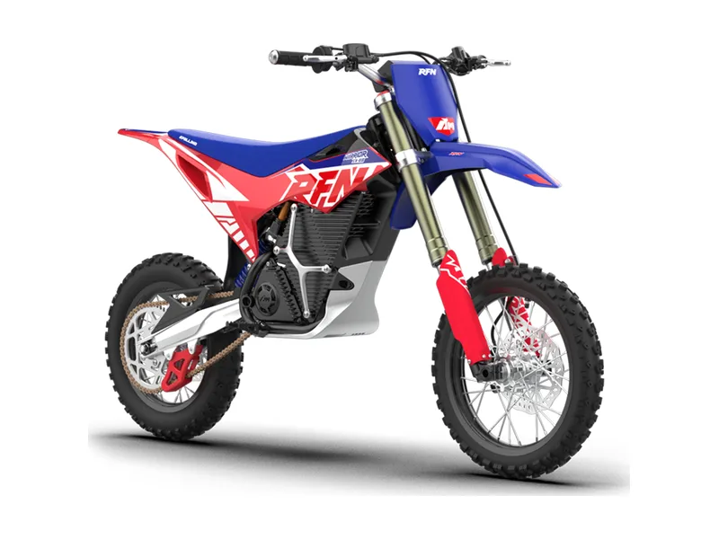 RFN Warrior Youth SX-E8 electric dirt bike, side profile on white background