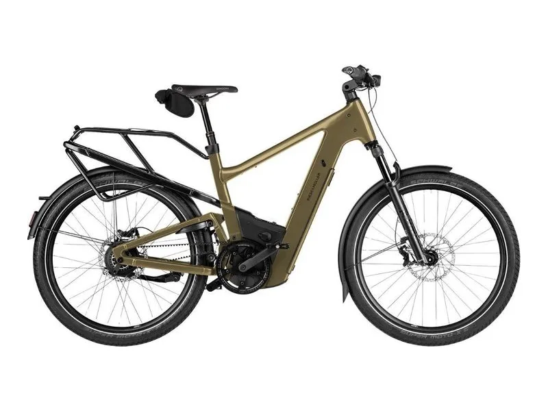 Riese and Muller Delite5 full suspension touring e-bike, side profile on white background