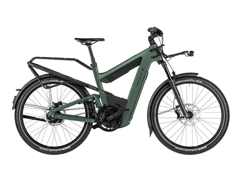 Riese and Muller Superdelite5 full suspension touring e-bike, side profile on white background