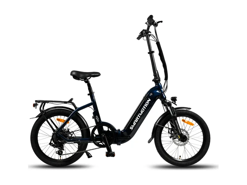 Smartmotion E20 suspension folding e-bike in blue, side profile on white background
