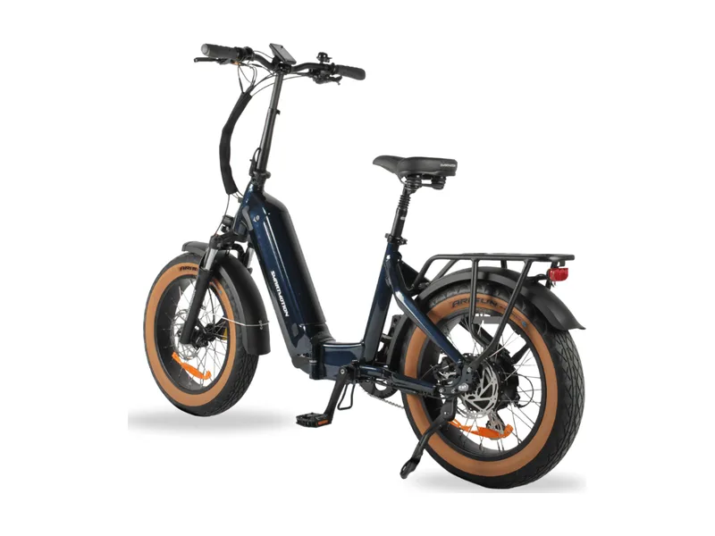 Smartmotion F20 folding fat tyre e-bike in navy, three quarter view on white background