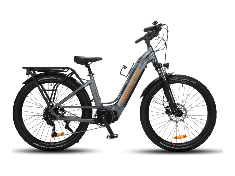 Smartmotion XCity Neo e-bike in grey, side profile on white background