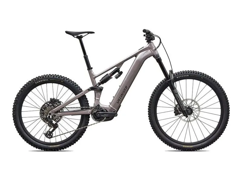 Specialized Levo 4 EVO Comp Alloy enduro e-MTB in desert metallic, side profile on white background