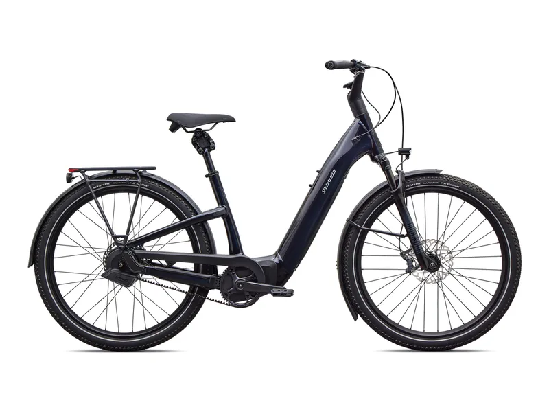 Specialized Turbo Como 5.0 IGH relaxed cruiser commuter e-bike in metallic navy, side profile on white background