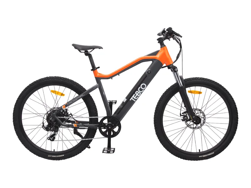 TEBCO Crosstrail step-over e-bike in grey and orange, studio product photo