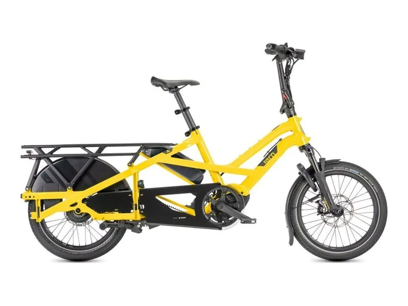 Tern GSD P00 Gen 3 cargo e-bike in school bus yellow, side profile on white background