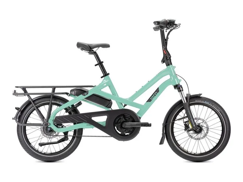 Tern HSD P5i compact cargo e-bike in seabreeze, side profile on white background