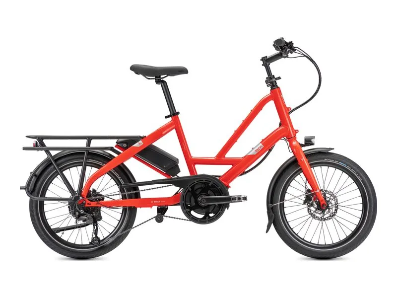 Tern Quick Haul P9 compact utility e-bike in tabasco red, side profile on white background