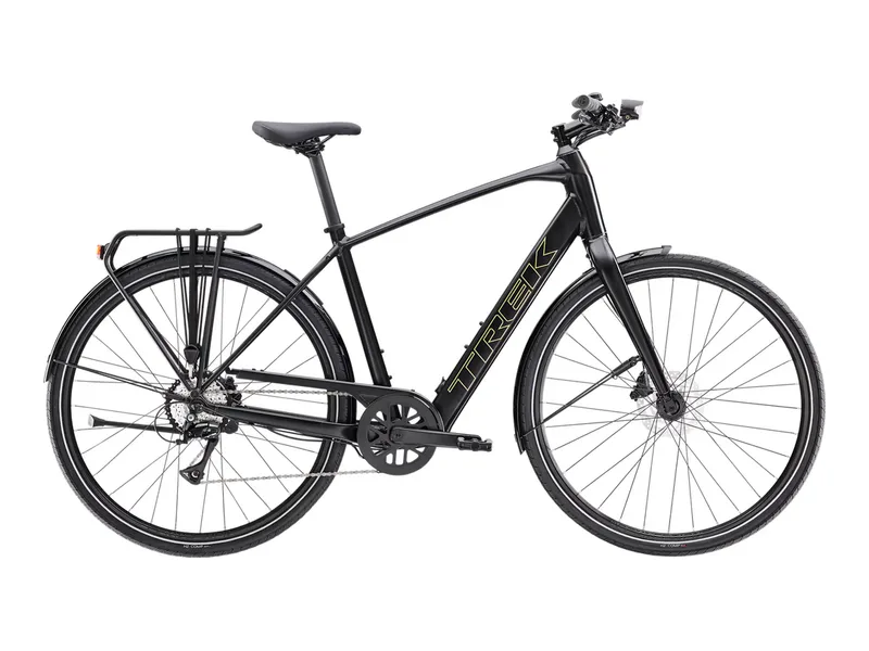 Trek FX plus 2 LT lightweight commuter e-bike, side profile on white background