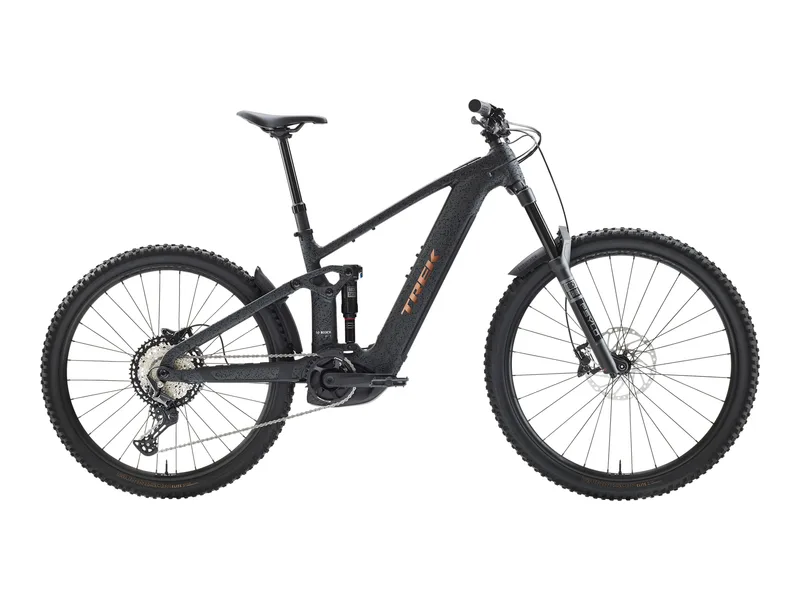 Trek Rail plus 5 Gen 5 full-power enduro e-MTB in lithium grey, side profile on white background