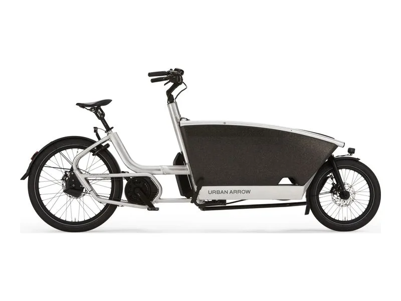 Urban Arrow Family Cargo Line Auto Limited Edition in brushed aluminium, side profile on white background
