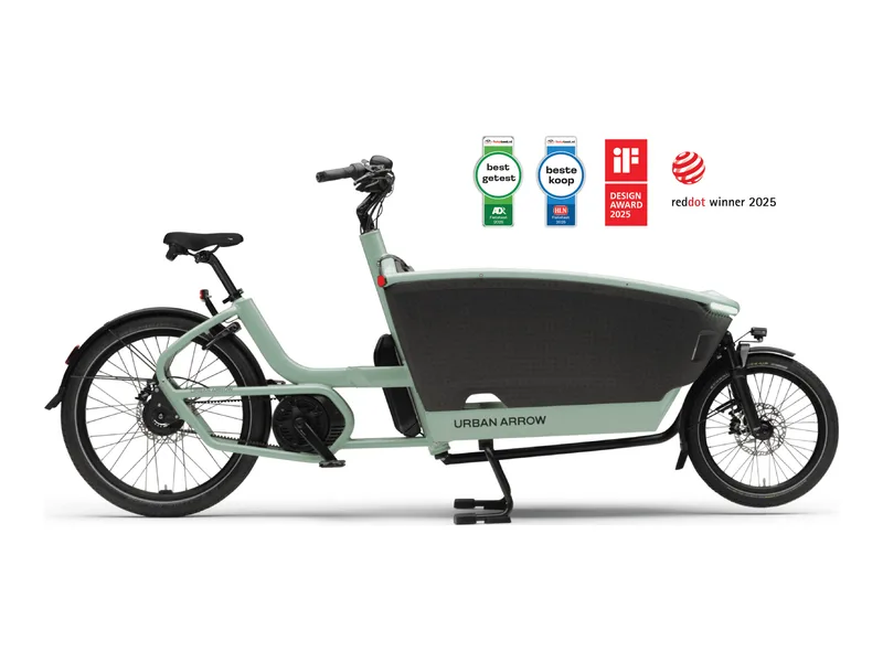 Urban Arrow FamilyNext Pro front-loader cargo e-bike in sage green, side profile on white background