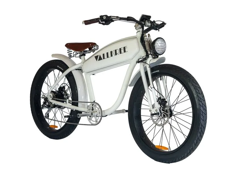 Vallkree The Drifter board-track moped-style e-bike in gloss white, side profile on white background
