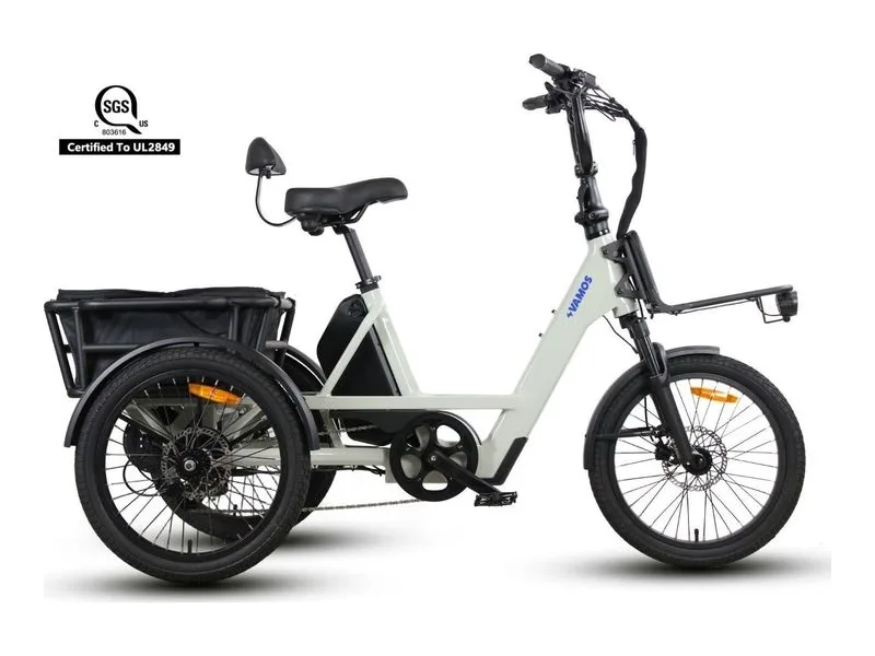 Vamos Trio three wheel electric trike with low step-through frame and rear basket, side view on white background