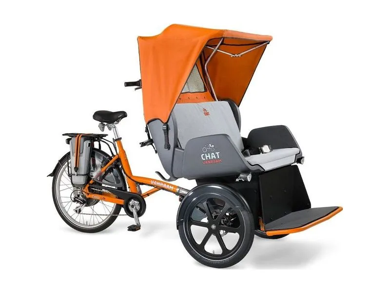 Van Raam Chat rickshaw bike with orange hood, studio product photo