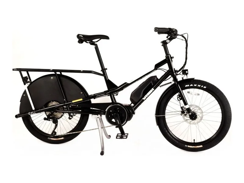 Yuba Kombi E6 compact longtail cargo e-bike in black, side profile on white background