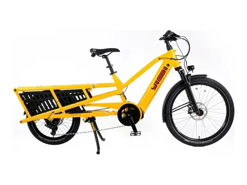 Yuba Spicy Curry V4 longtail cargo e-bike in yellow, side profile on plain background